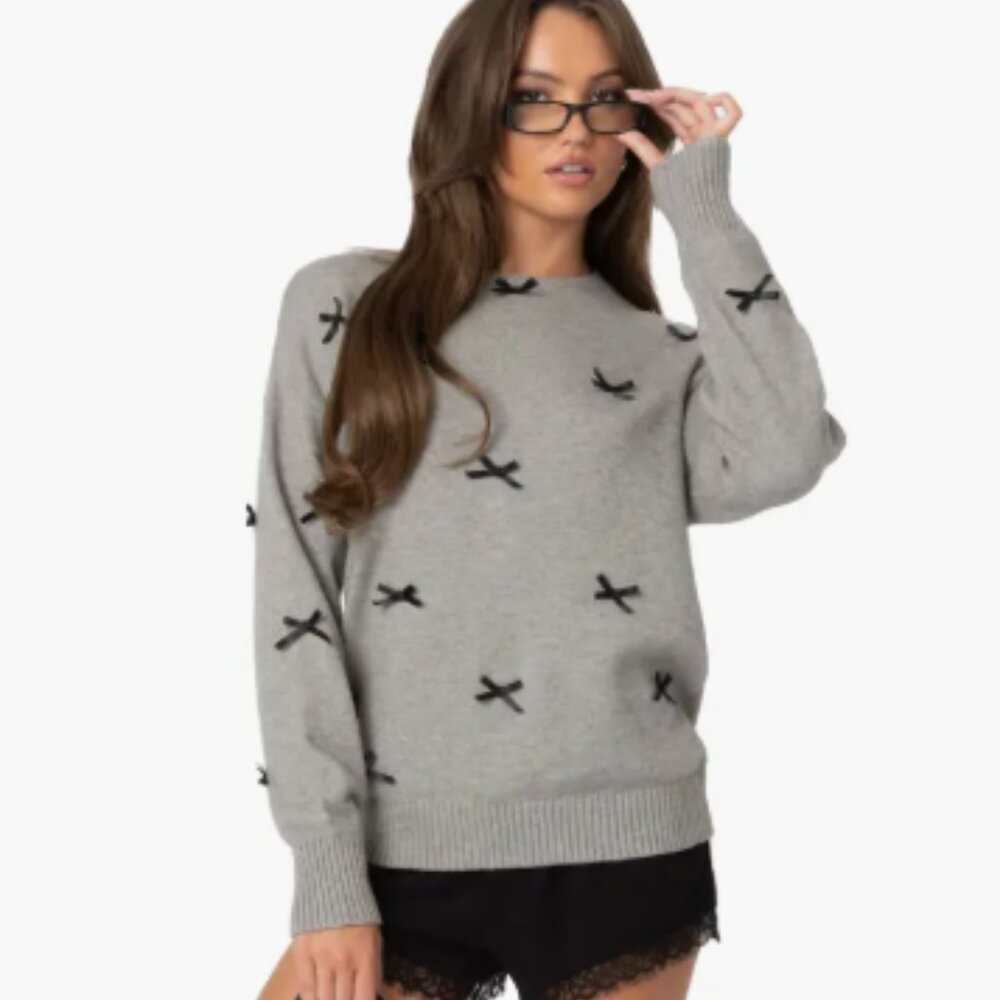NEW Edikted Bow Oversize Sweater Gray L Ribbon Appliqué
